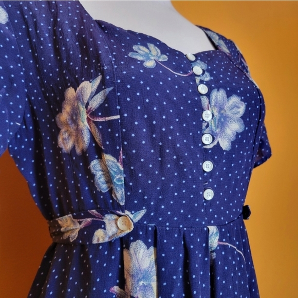 Vintage 80s/90s Jonathan Martin Blue Polka Dot Floral Maxi Dress Button Down - Picture 3 of 15